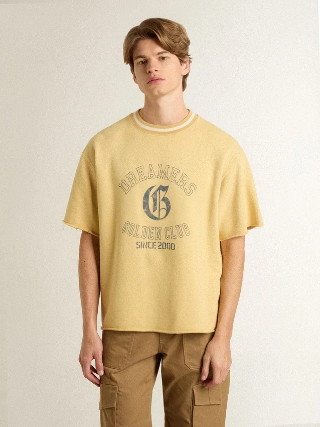 Camiseta oversize de algodón amarilla para hombre con estampado azul