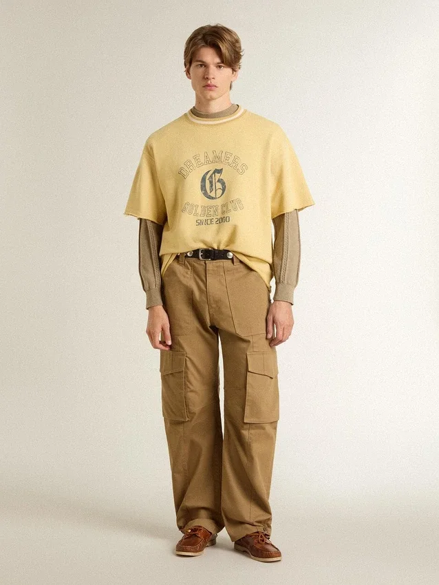 Camiseta oversize de algodón amarilla para hombre con estampado azul