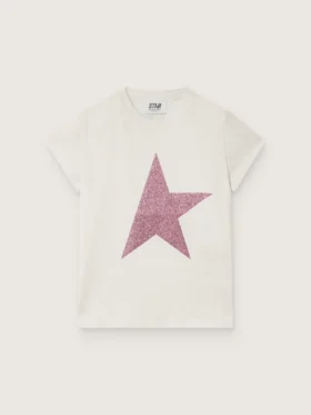 Camiseta para niñas «Star» en jersey de algodón blanco con estrella rosa brillante