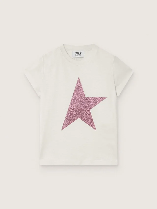 Camiseta para niñas «Star» en jersey de algodón blanco con estrella rosa brillante