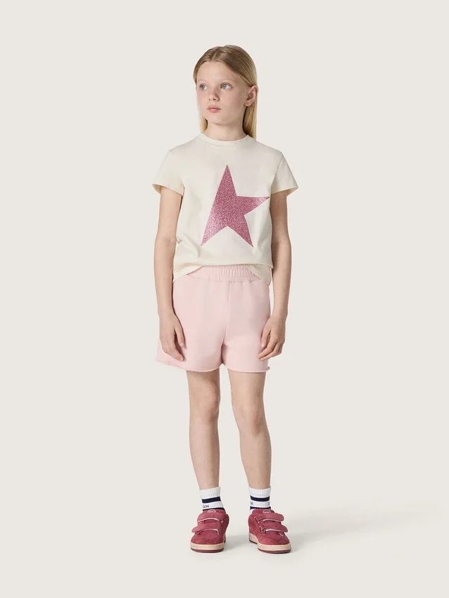 Camiseta para niñas «Star» en jersey de algodón blanco con estrella rosa brillante