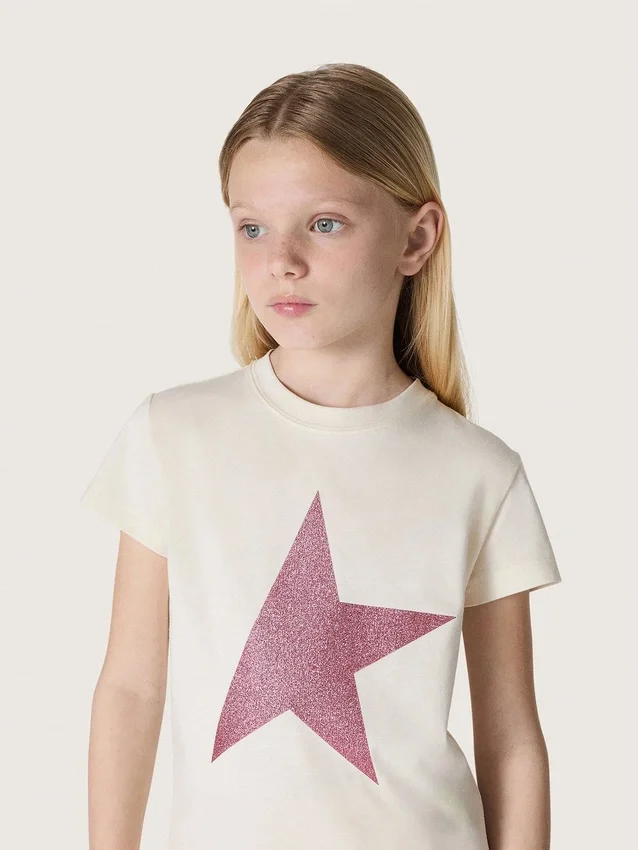 Camiseta para niñas «Star» en jersey de algodón blanco con estrella rosa brillante