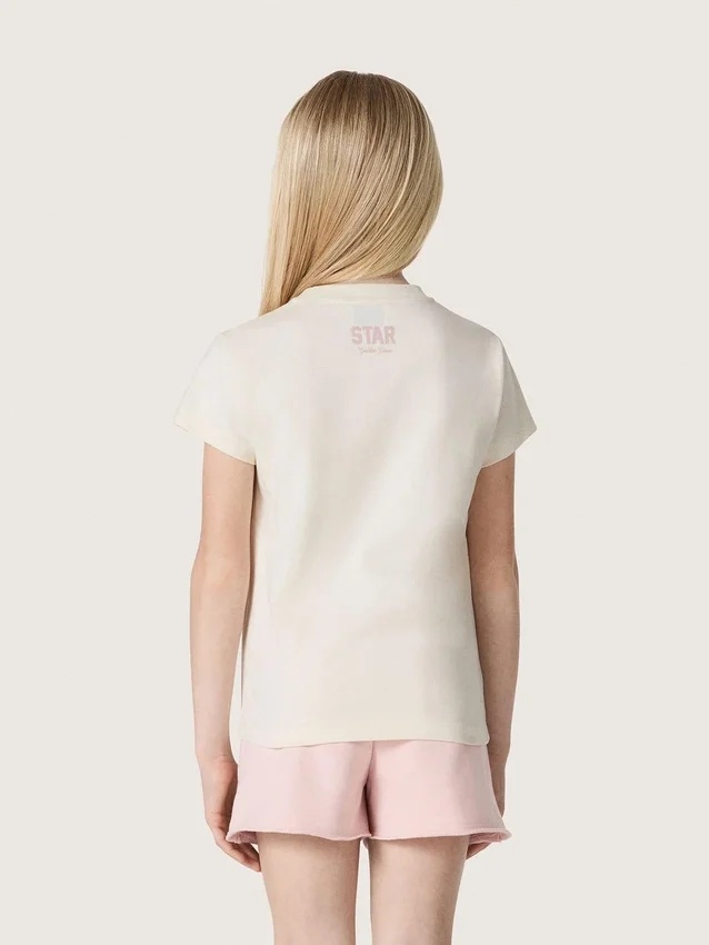 Camiseta para niñas «Star» en jersey de algodón blanco con estrella rosa brillante