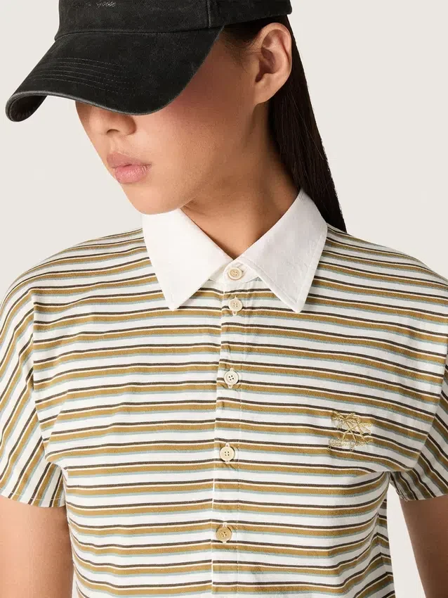 Camiseta polo de mujer en jersey a rayas con cuello en contraste