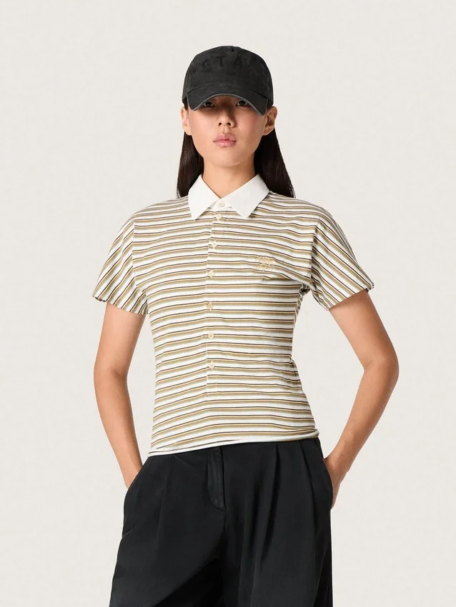 Camiseta polo de mujer en jersey a rayas con cuello en contraste