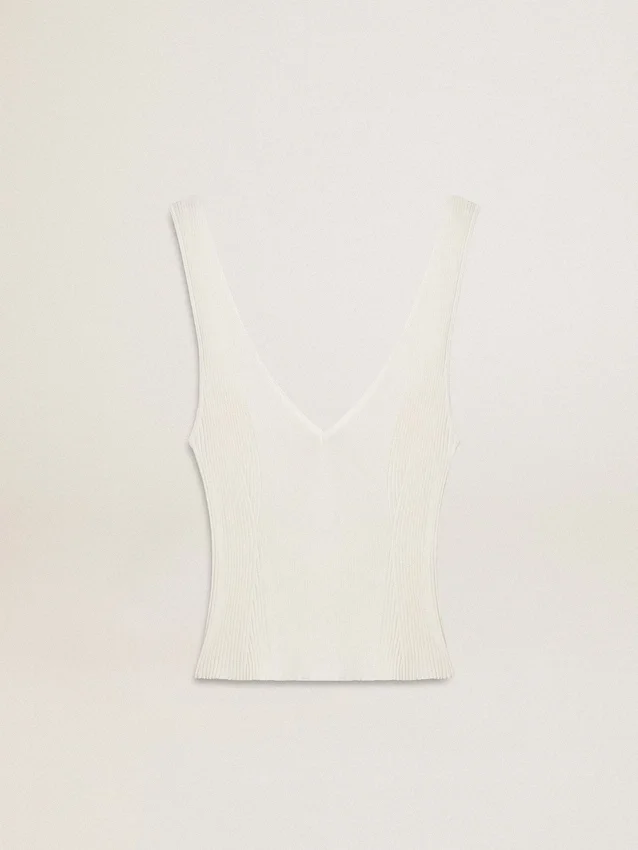 Camiseta sin mangas bordada con ribetes en blanco desgastado