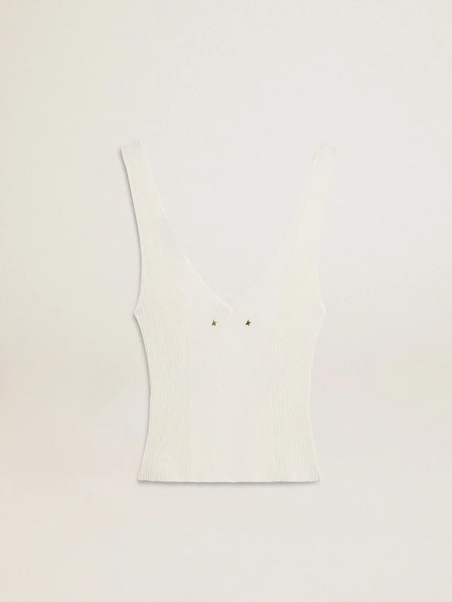Camiseta sin mangas bordada con ribetes en blanco desgastado