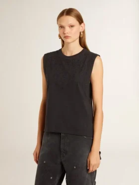 Camiseta sin mangas en negro desgastado con bordado degradado tono sobre tono