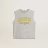 Camiseta sin mangas gris para mujer con estampado amarillo