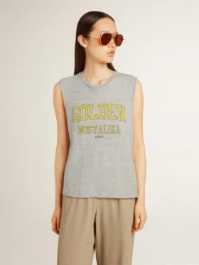 Camiseta sin mangas gris para mujer con estampado amarillo