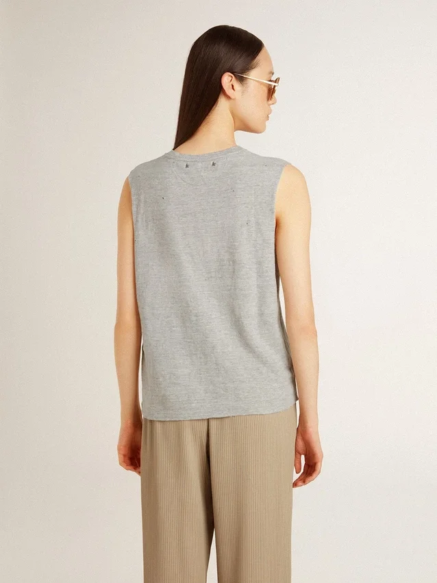 Camiseta sin mangas gris para mujer con estampado amarillo