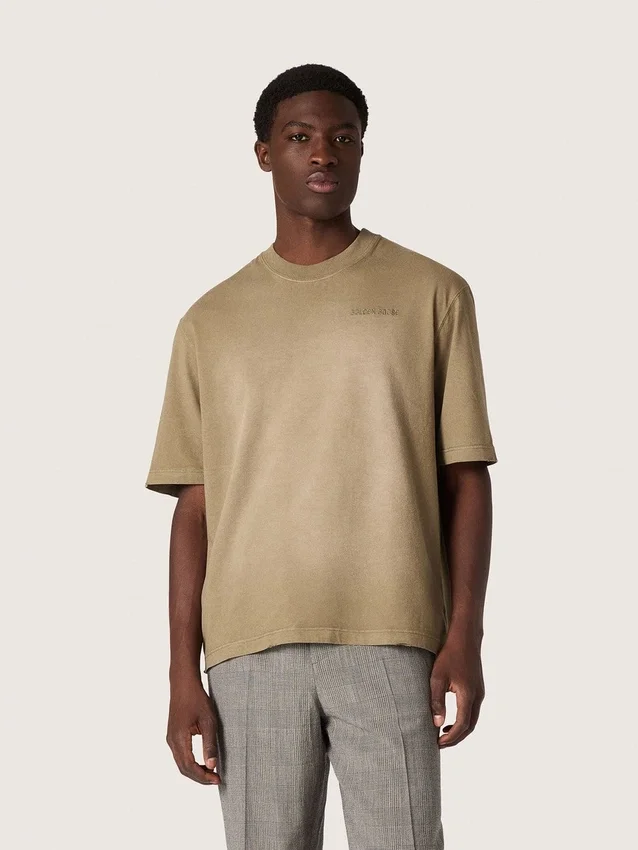 Camiseta unisex de jersey de algodón beige con logotipo bordado