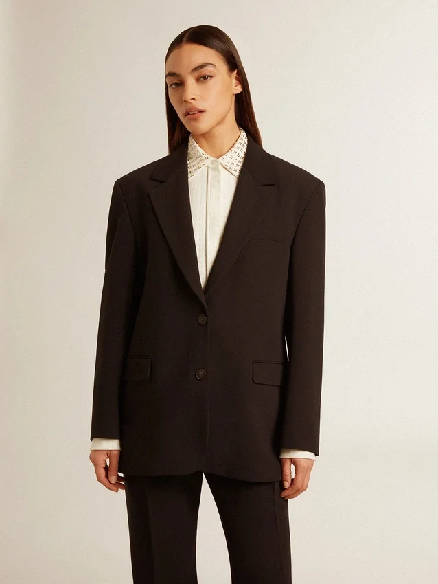 Chaqueta blazer de mezcla de lana azul oscuro para mujer
