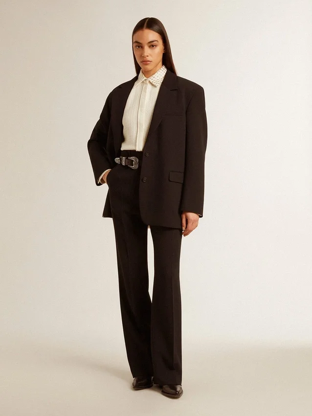Chaqueta blazer de mezcla de lana azul oscuro para mujer