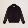 Chaqueta bomber de hombre de lana azul oscuro con mangas de cuero