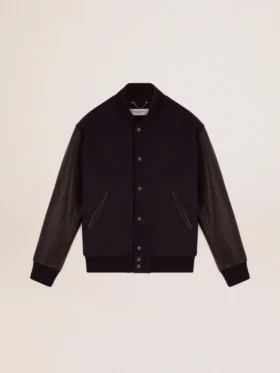 Chaqueta bomber de hombre de lana azul oscuro con mangas de cuero