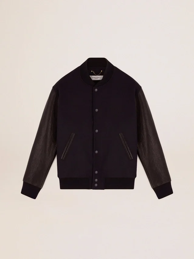 Chaqueta bomber de hombre de lana azul oscuro con mangas de cuero