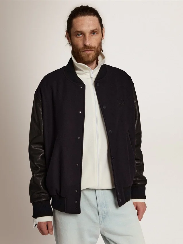 Chaqueta bomber de hombre de lana azul oscuro con mangas de cuero
