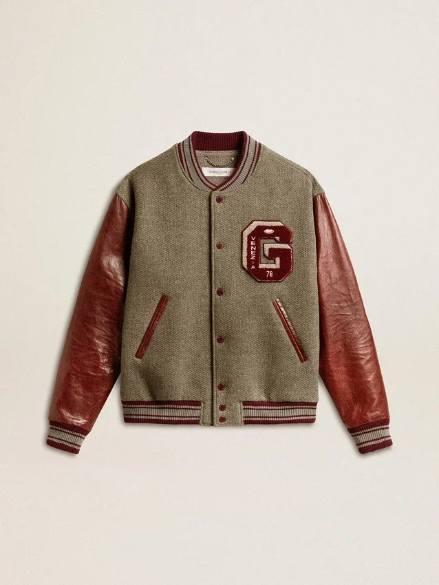 Chaqueta bomber de lana gris jaspeada con mangas de piel