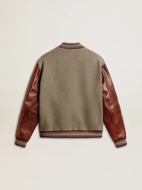 Chaqueta bomber de lana gris jaspeada con mangas de piel