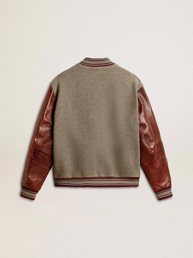 Chaqueta bomber de lana gris jaspeada con mangas de piel