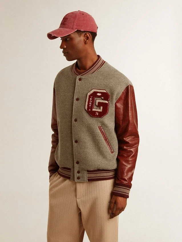 Chaqueta bomber de lana gris jaspeada con mangas de piel