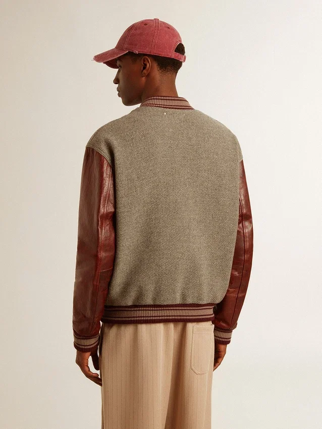 Chaqueta bomber de lana gris jaspeada con mangas de piel