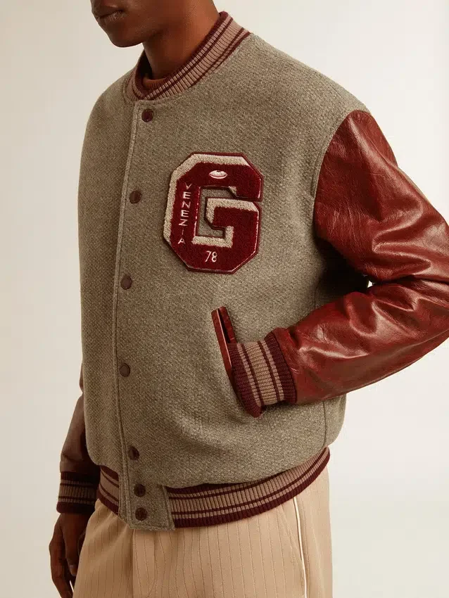 Chaqueta bomber de lana gris jaspeada con mangas de piel