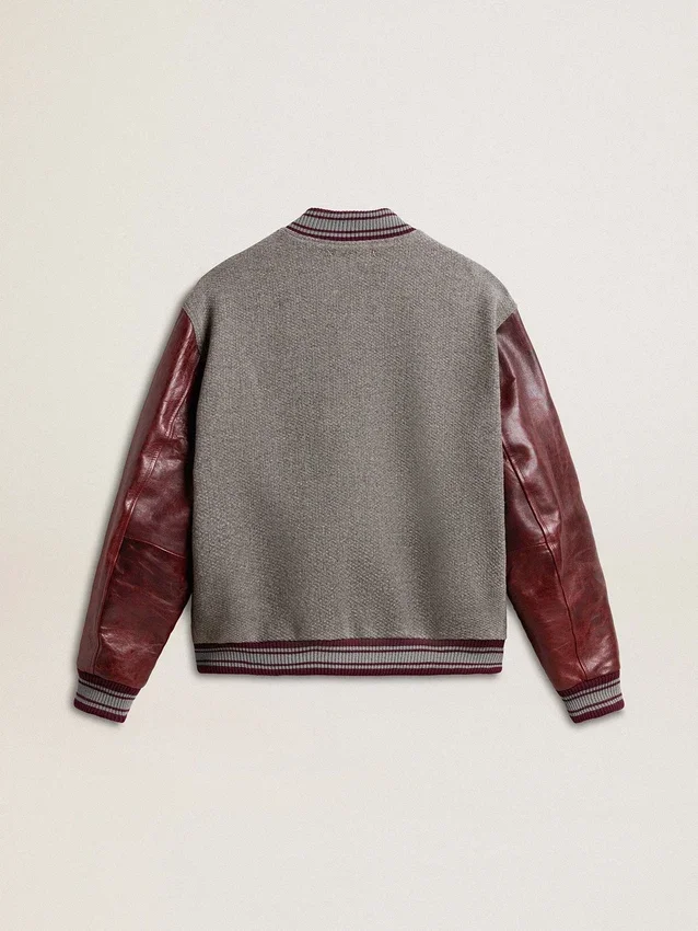 Chaqueta bomber de lana gris jaspeada con mangas de piel