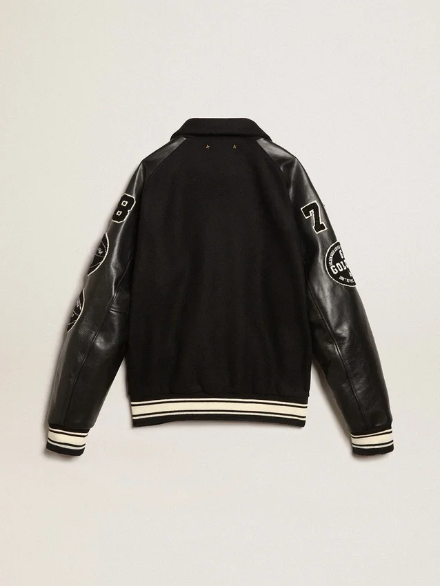 Chaqueta bomber de lana negra con parche
