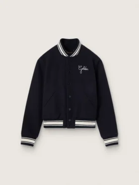 Chaqueta bomber de mujer de lana azul oscuro con detalles en blanco
