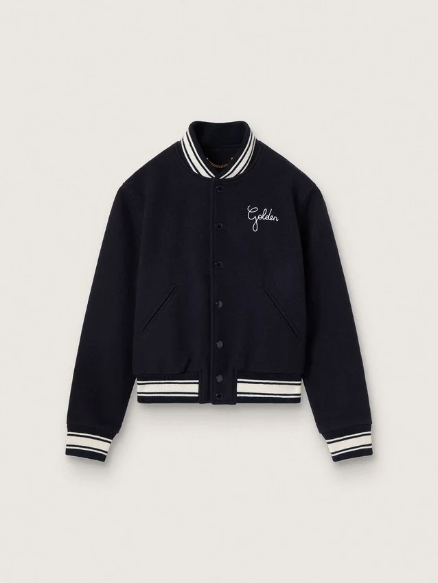 Chaqueta bomber de mujer de lana azul oscuro con detalles en blanco