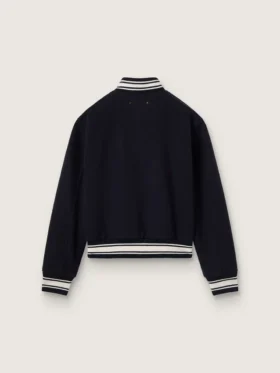 Chaqueta bomber de mujer de lana azul oscuro con detalles en blanco