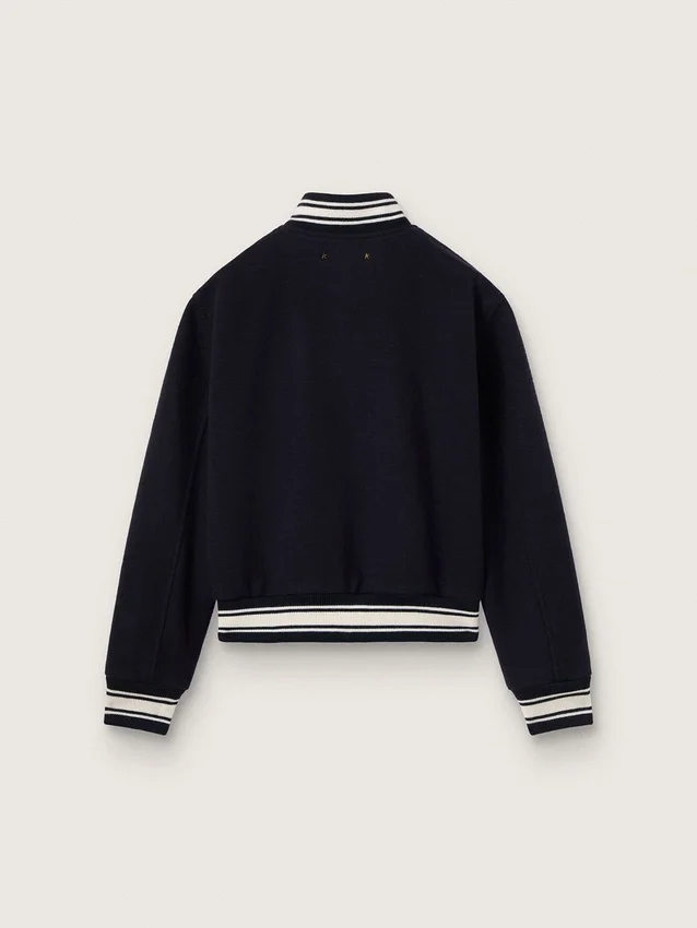 Chaqueta bomber de mujer de lana azul oscuro con detalles en blanco