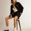 Chaqueta bomber de mujer de lana azul oscuro con detalles en blanco