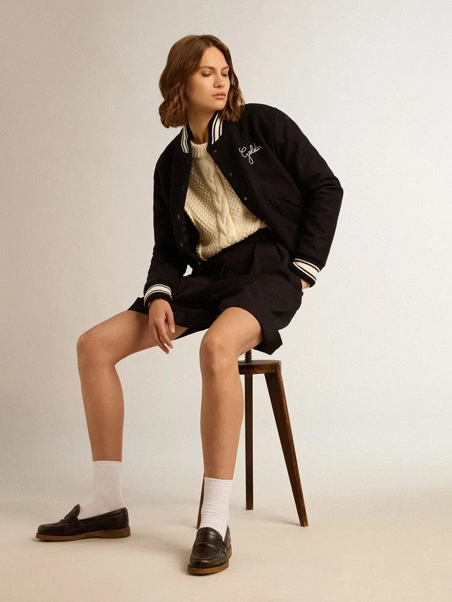Chaqueta bomber de mujer de lana azul oscuro con detalles en blanco