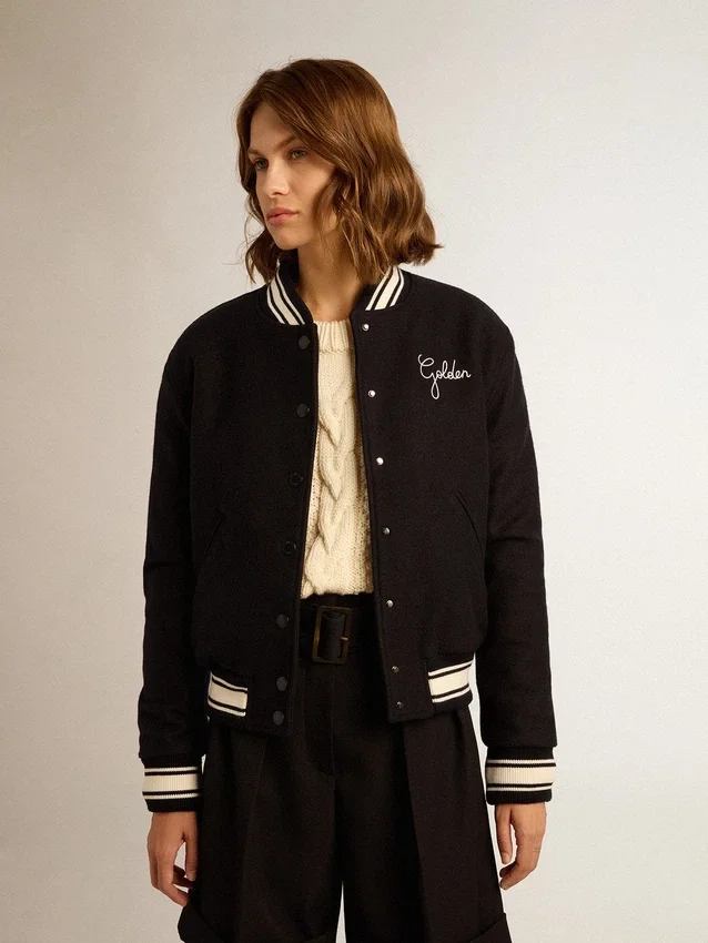 Chaqueta bomber de mujer de lana azul oscuro con detalles en blanco