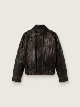 Chaqueta bomber de mujer en piel napa burdeos oscuro con bordados florales