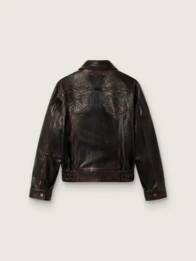 Chaqueta bomber de mujer en piel napa burdeos oscuro con bordados florales