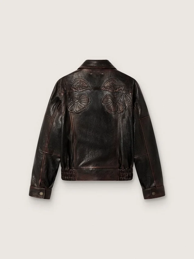 Chaqueta bomber de mujer en piel napa burdeos oscuro con bordados florales