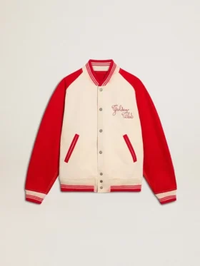 Chaqueta bomber en blanco desgastado y rojo con bordados