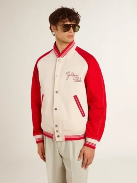 Chaqueta bomber en blanco desgastado y rojo con bordados