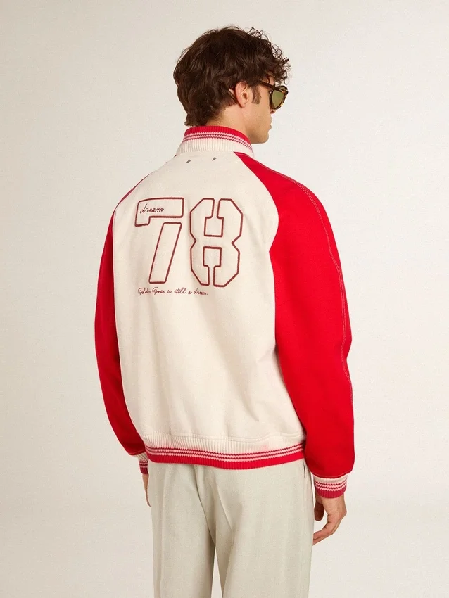 Chaqueta bomber en blanco desgastado y rojo con bordados