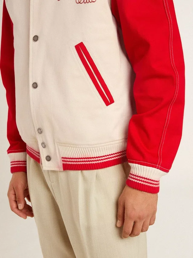 Chaqueta bomber en blanco desgastado y rojo con bordados