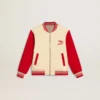 Chaqueta bomber infantil de algodón en tonos beige y rojo con bordado en el pecho