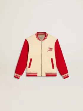 Chaqueta bomber infantil de algodón en tonos beige y rojo con bordado en el pecho