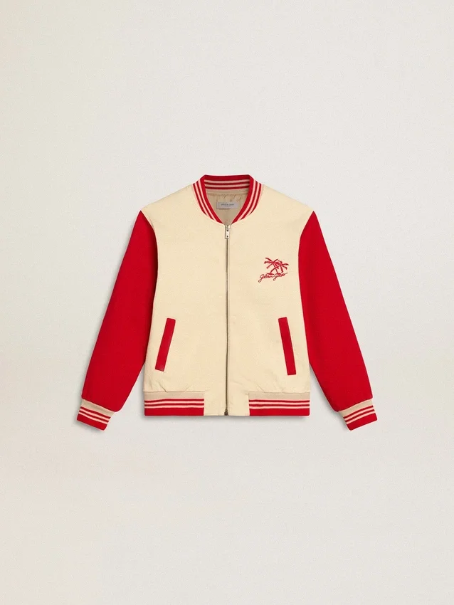 Chaqueta bomber infantil de algodón en tonos beige y rojo con bordado en el pecho