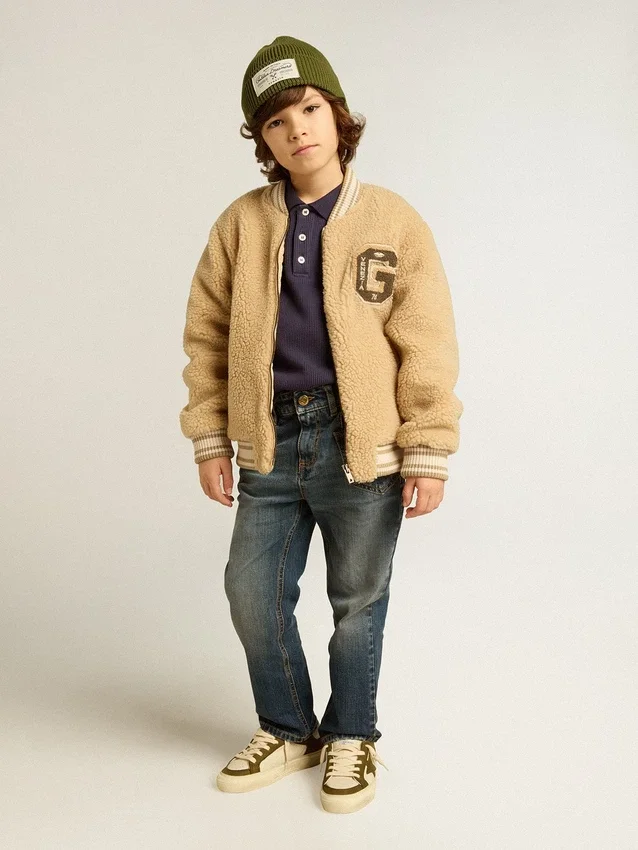 Chaqueta bomber infantil de forro polar en color beige