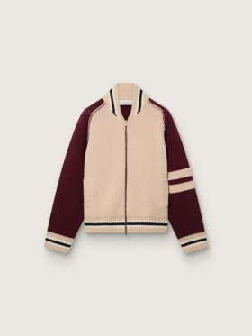 Chaqueta bomber unisex en punto jacquard blanco y burdeos