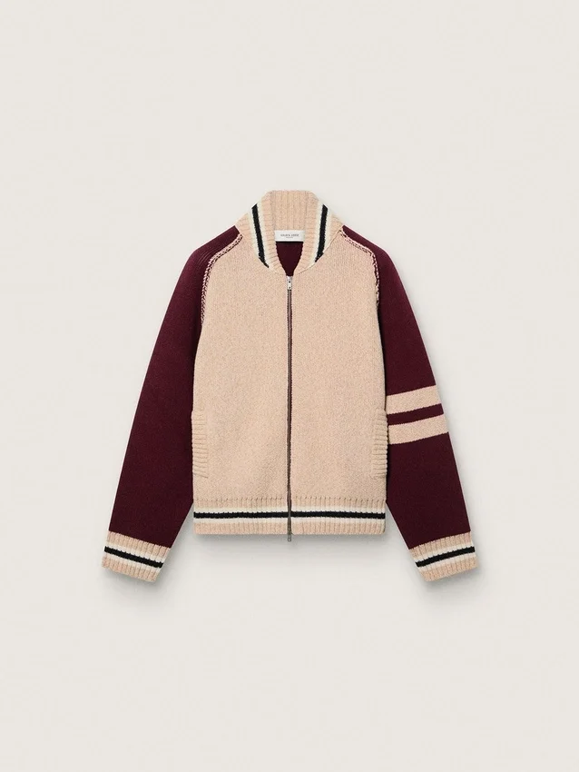 Chaqueta bomber unisex en punto jacquard blanco y burdeos